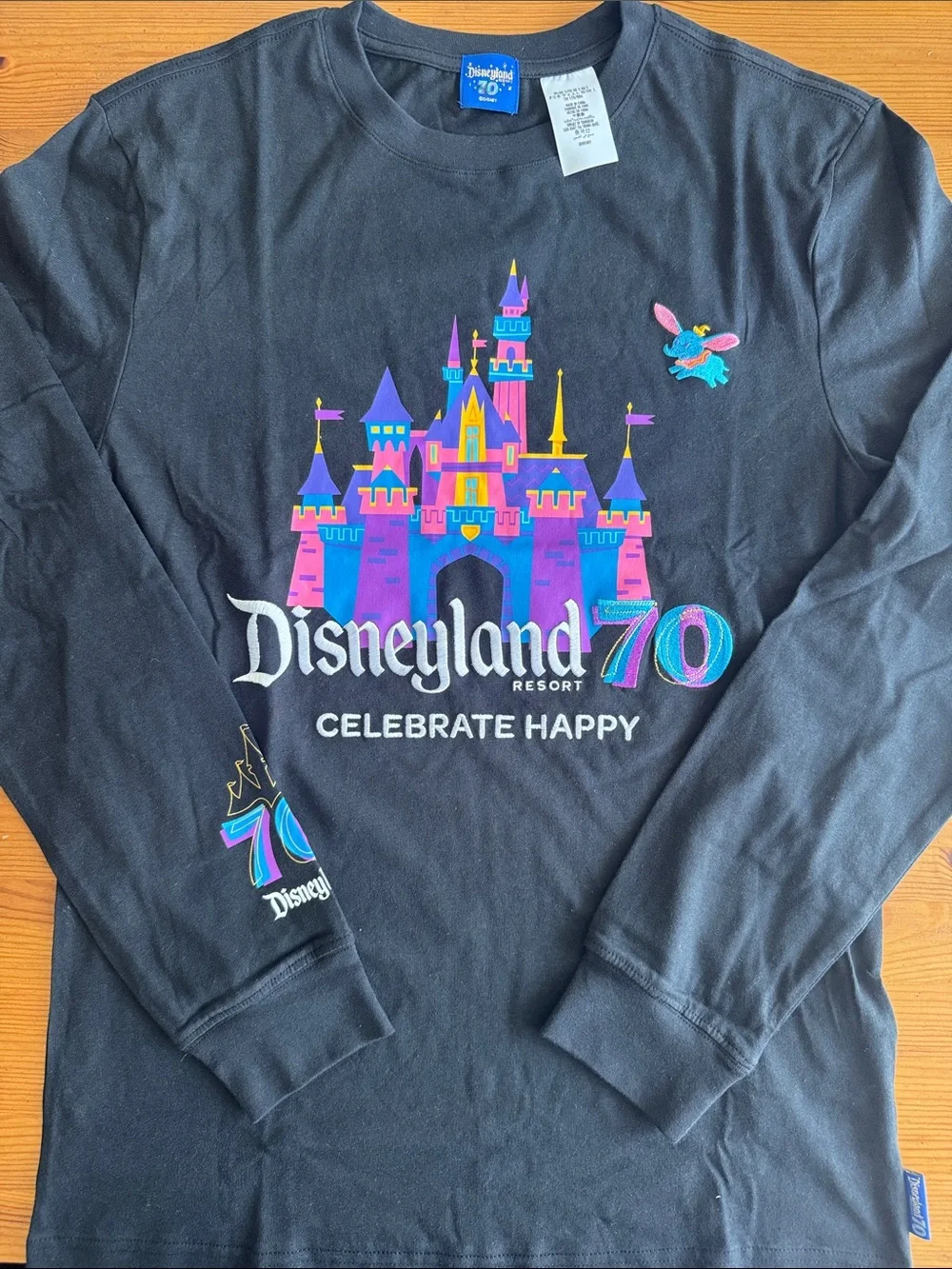 Disney Disneyland Black Long-Sleeve Tee Shirt with Colorful Castle 70th Graphic